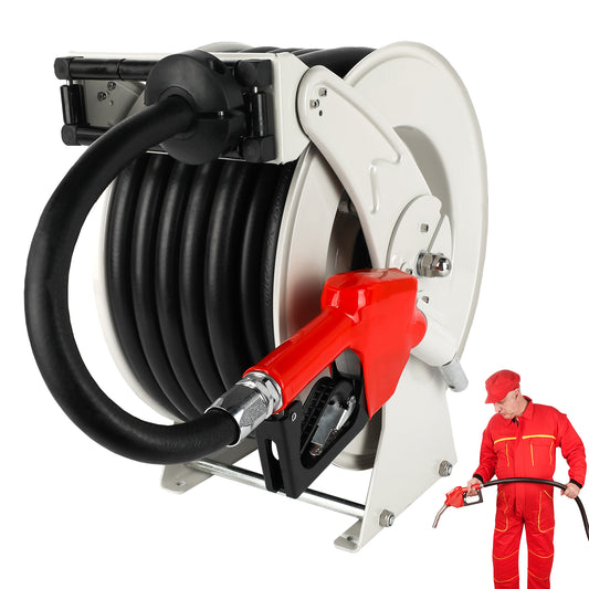 Retractable Fuel Hose Reel with Refueling Nozzle, 3/4" x 66ft Spring Driven Diesel Hose Reel 300 PSI Industrial Auto Swivel Heavy Duty Steel Construction Reel for Ship Vehicle Tank Truck