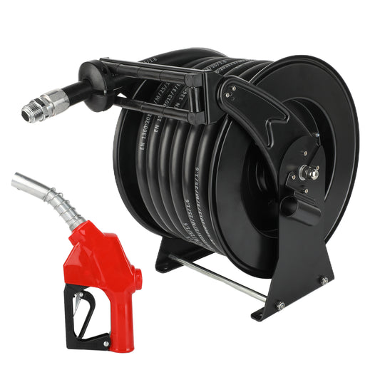 Retractable Fuel Hose Reel with Refueling Nozzle, 300 PSI Industrial Auto Swivel Hose Reel, 1" x 50ft Spring Driven Diesel Heavy Duty Steel Construction Reel for Ship Vehicle Tank Truck