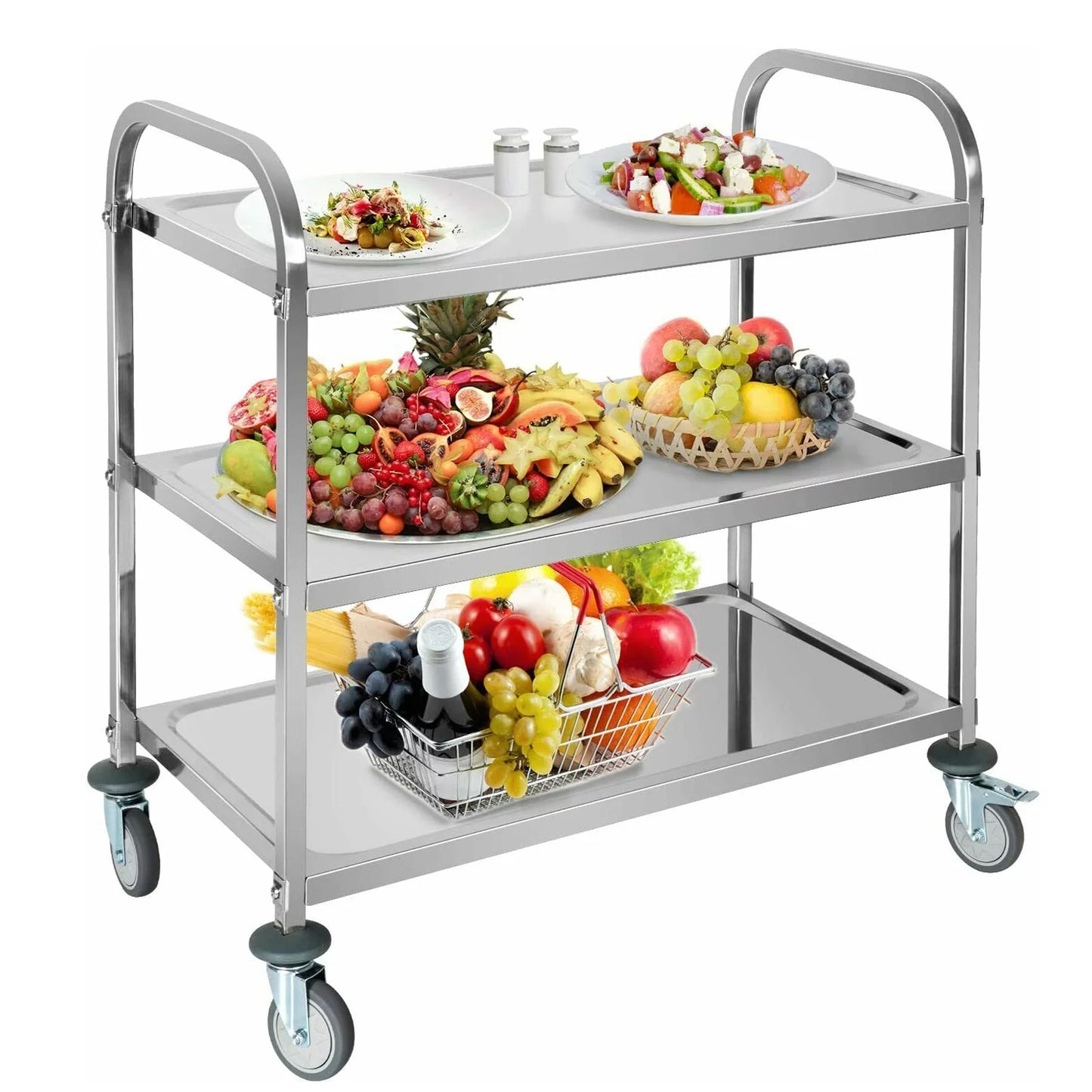 3 Tier Utility Cart with Wheels, Stainless Steel Utility Rolling Cart for Kitchen, 330 Lbs 37Lx20Wx37H Trolley Cart Island Serving Cart for Home Restaurant Hotel