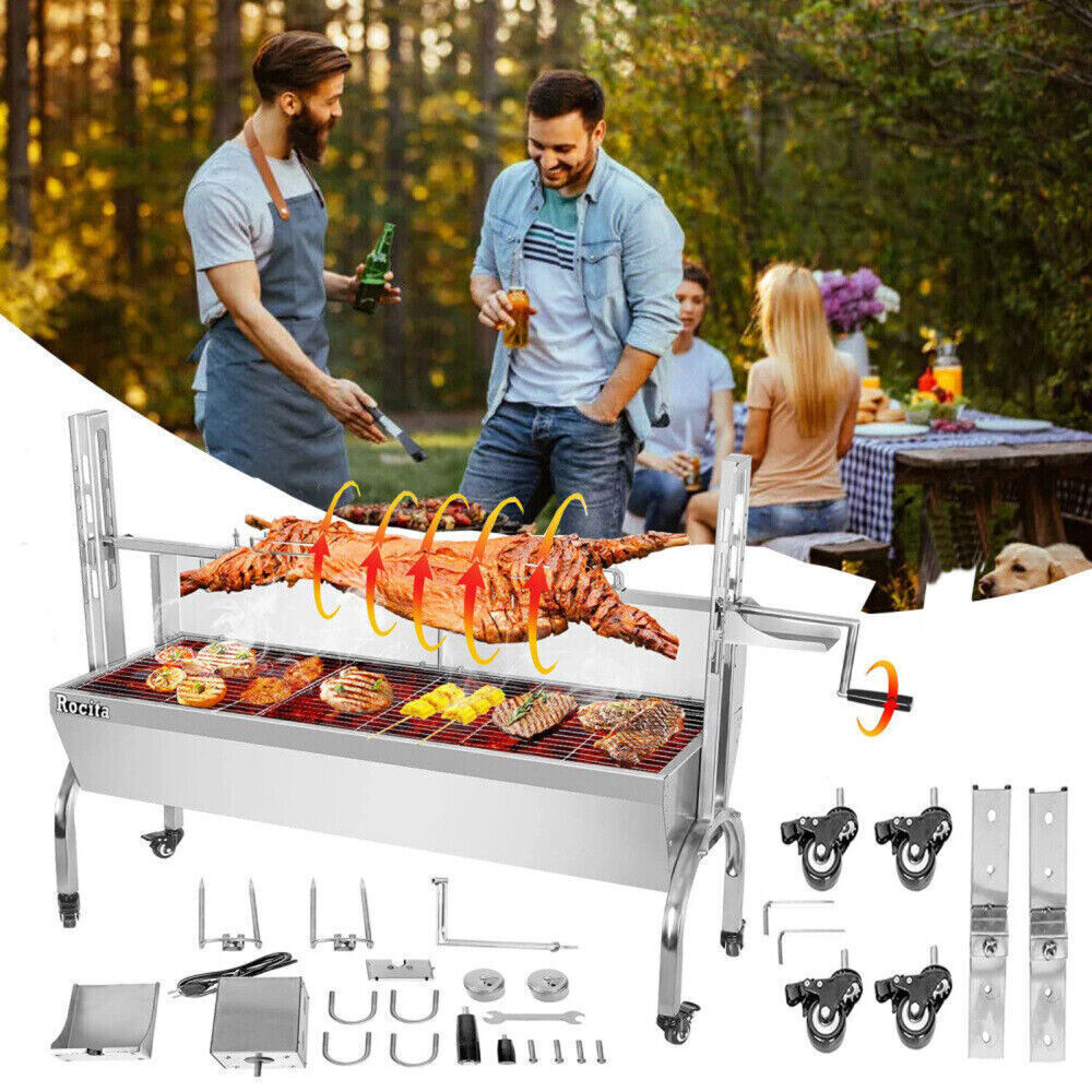 176lbs Charcoal Grill, Stainless Rotisserie Grill Roaster Outdoor BBQ Grill with 25W Motor, Wind Baffle and Hand Crank