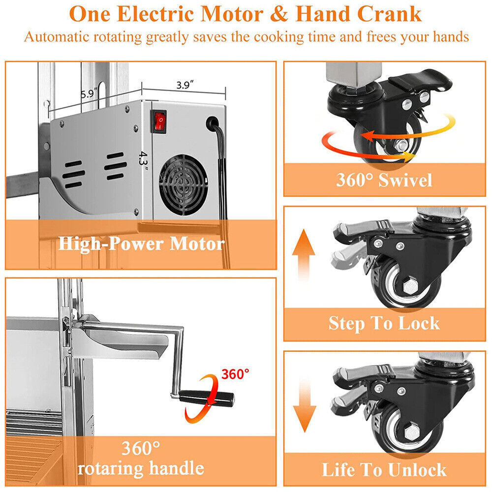 176lbs Charcoal Grill, Stainless Rotisserie Grill Roaster Outdoor BBQ Grill with 25W Motor, Wind Baffle and Hand Crank