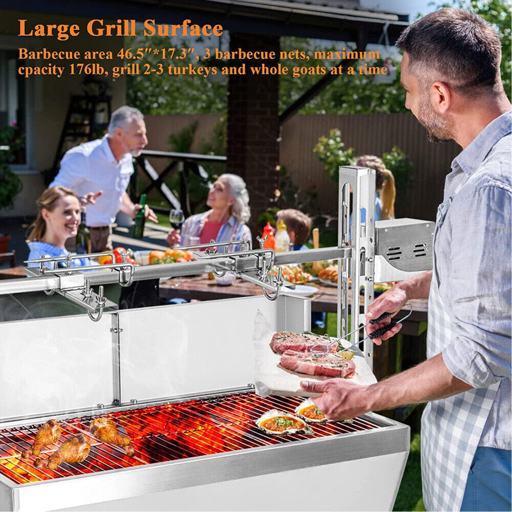 176lbs Charcoal Grill, Stainless Rotisserie Grill Roaster Outdoor BBQ Grill with 25W Motor, Wind Baffle and Hand Crank