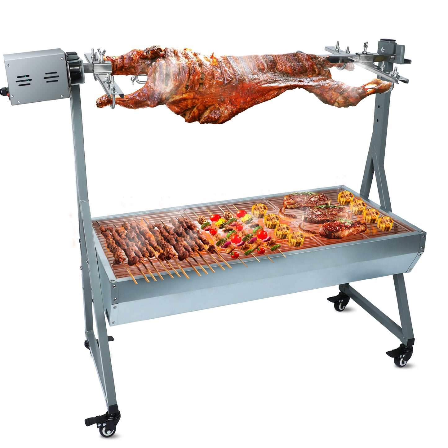 Rotisserie Grill Roaster, 132lbs Charcoal Grill Outdoor BBQ Grill Pig Lamb Spit Roaster with 25W Motor and Hand Crank