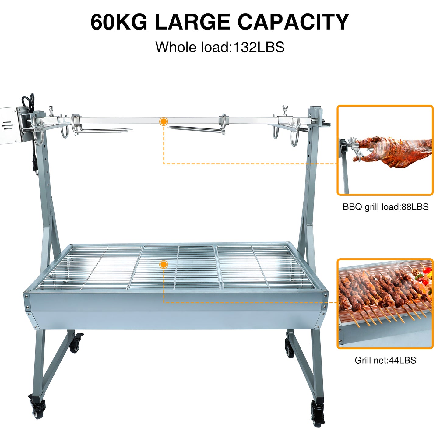 Rotisserie Grill Roaster, 132lbs Charcoal Grill Outdoor BBQ Grill Pig Lamb Spit Roaster with 25W Motor and Hand Crank