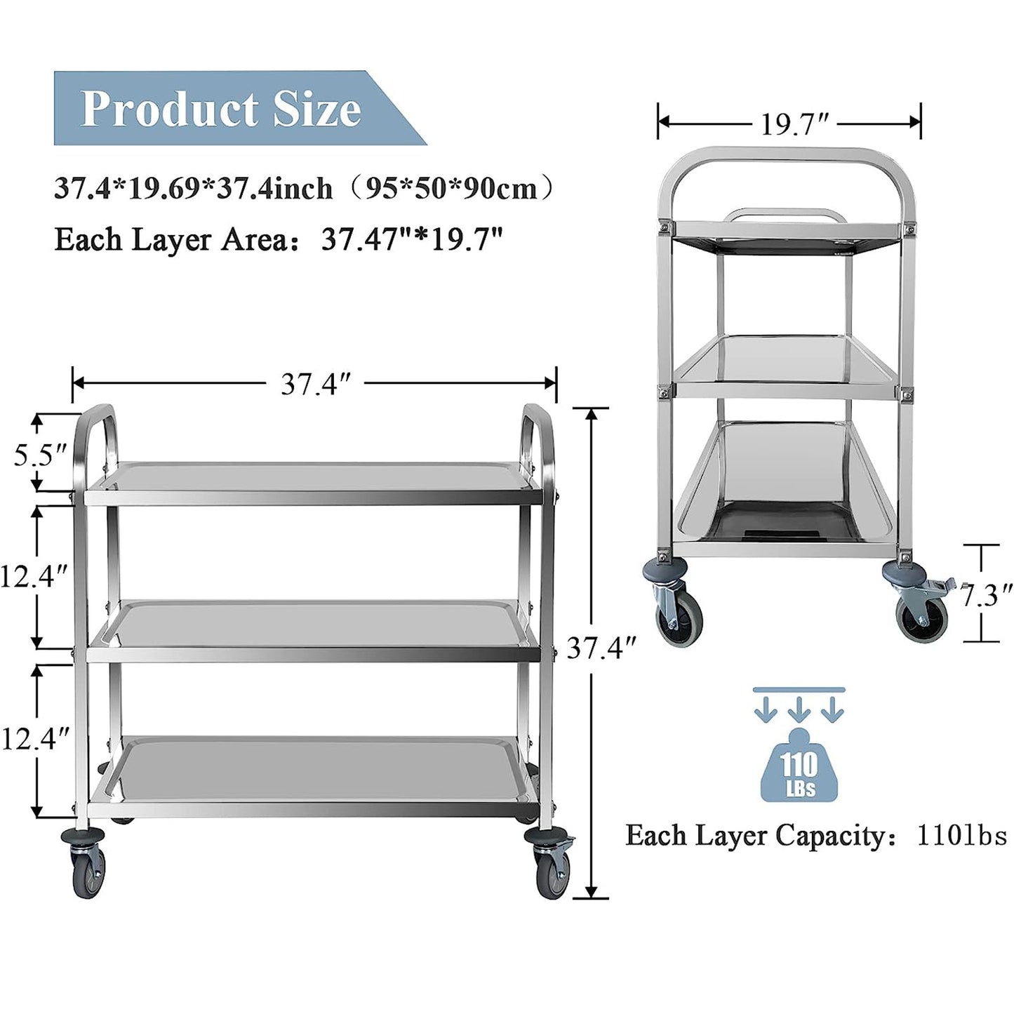 3 Tier Utility Cart with Wheels, Stainless Steel Utility Rolling Cart for Kitchen, 330 Lbs 37Lx20Wx37H Trolley Cart Island Serving Cart for Home Restaurant Hotel