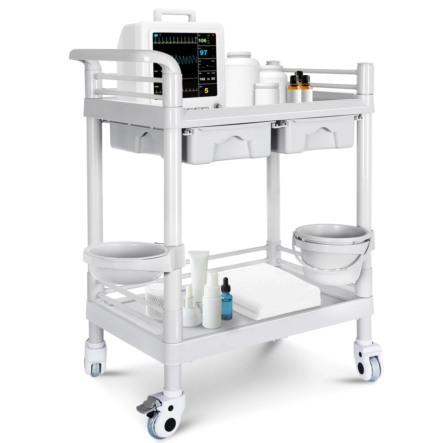 Medical Trolley, Rolling Cart Mobile Trolley Cart with 2 Tier 330 Lbs Capacity, Beauty Salon Rolling with 2 Drawers, Buckets & 360°Rotate Wheels