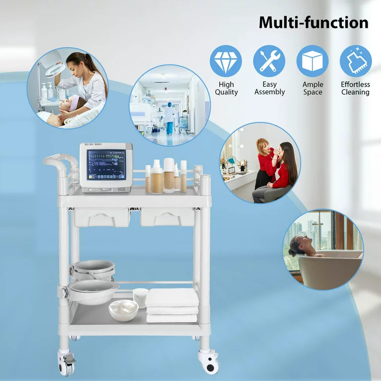 Medical Trolley, Rolling Cart Mobile Trolley Cart with 2 Tier 330 Lbs Capacity, Beauty Salon Rolling with 2 Drawers, Buckets & 360°Rotate Wheels