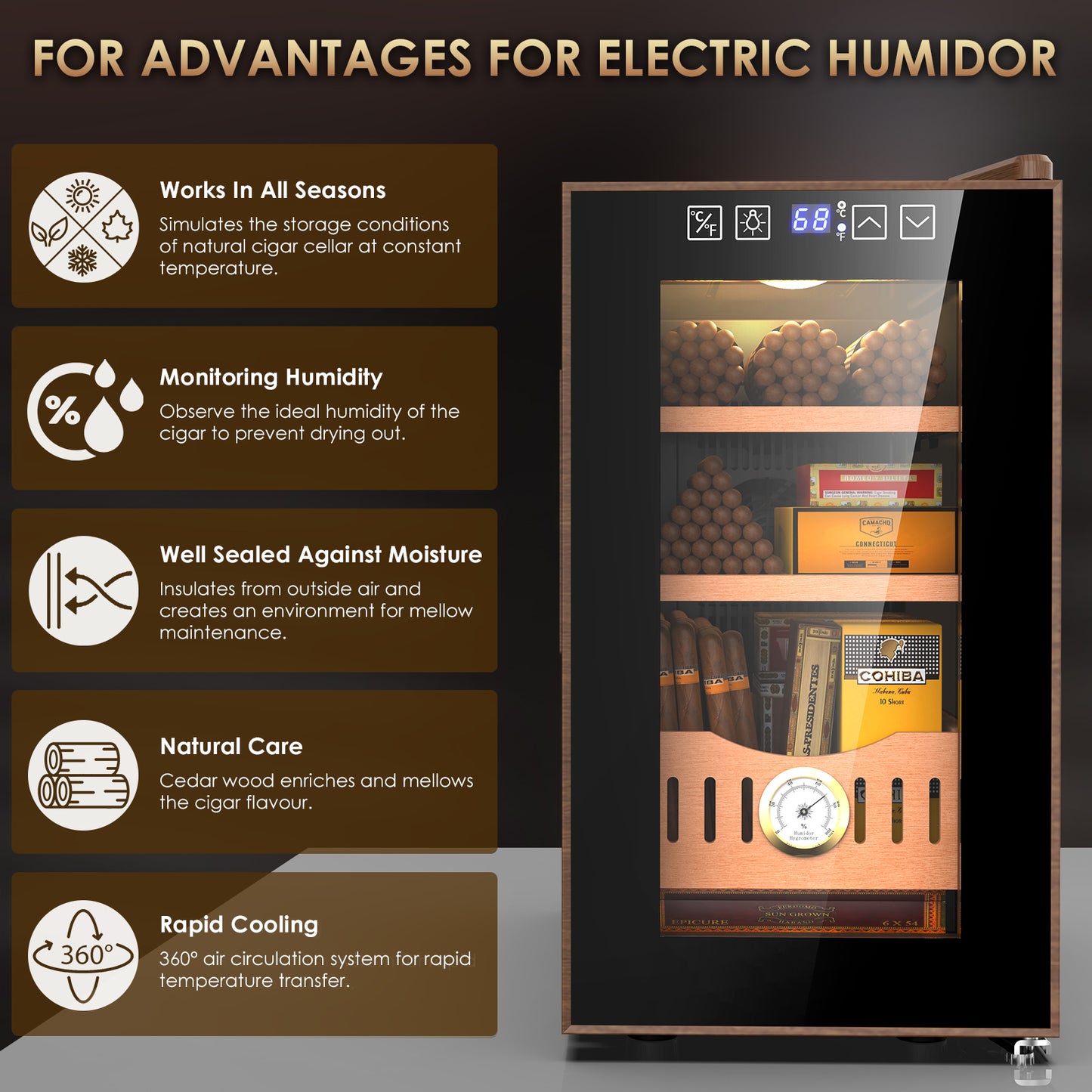 Ecojoy 26L Electric Cigar Humidor for 200 Counts, With Cooling & Humidity Control System,With Spanish Cedar Wood Shelves,Gifts for Men