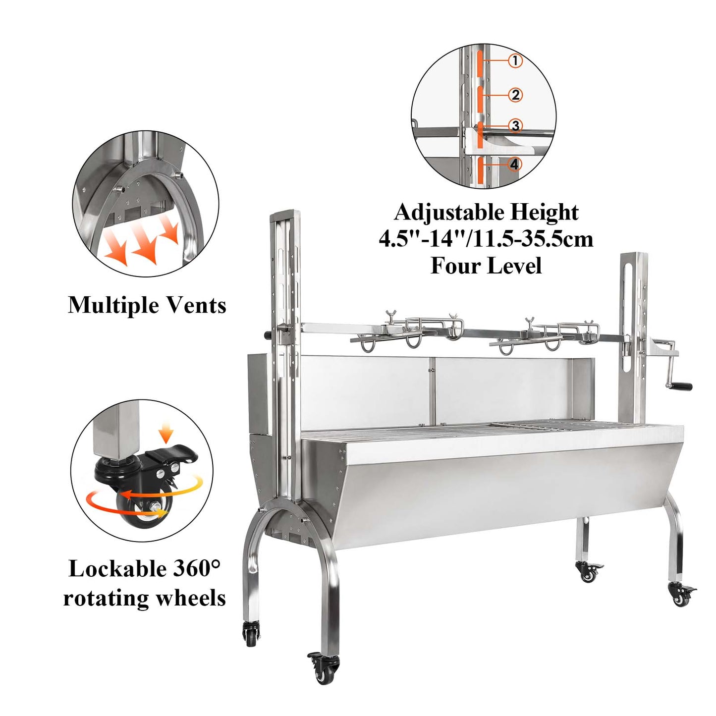 176lbs Charcoal Grill, Stainless Rotisserie Grill Roaster Outdoor BBQ Grill with 25W Motor, Wind Baffle and Hand Crank