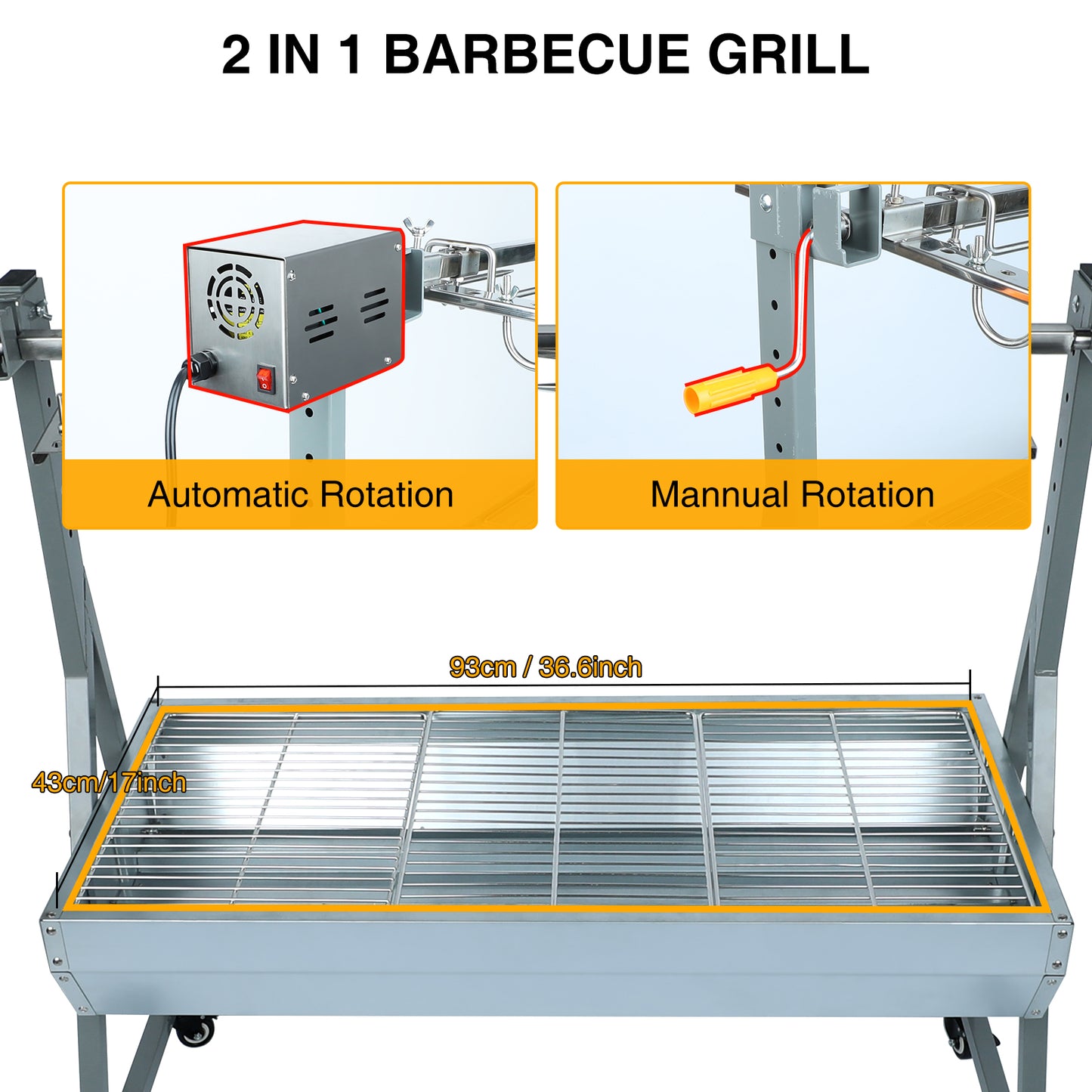 Rotisserie Grill Roaster, 132lbs Charcoal Grill Outdoor BBQ Grill Pig Lamb Spit Roaster with 25W Motor and Hand Crank