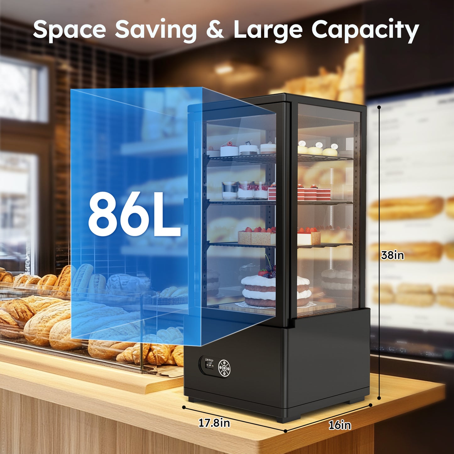 Ecojoy 3Cu. FT (86 L) Commercial Display Cake Refrigerator, Double-Layered Glass Display Cake Fridge with Interior LED Lighting