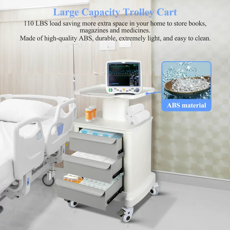 Mobile Trolley Cart, Portable Rolling Cart Medical Cart Trolley Beauty Storage Utility Cart with 110lbs Load, 3 Drawers