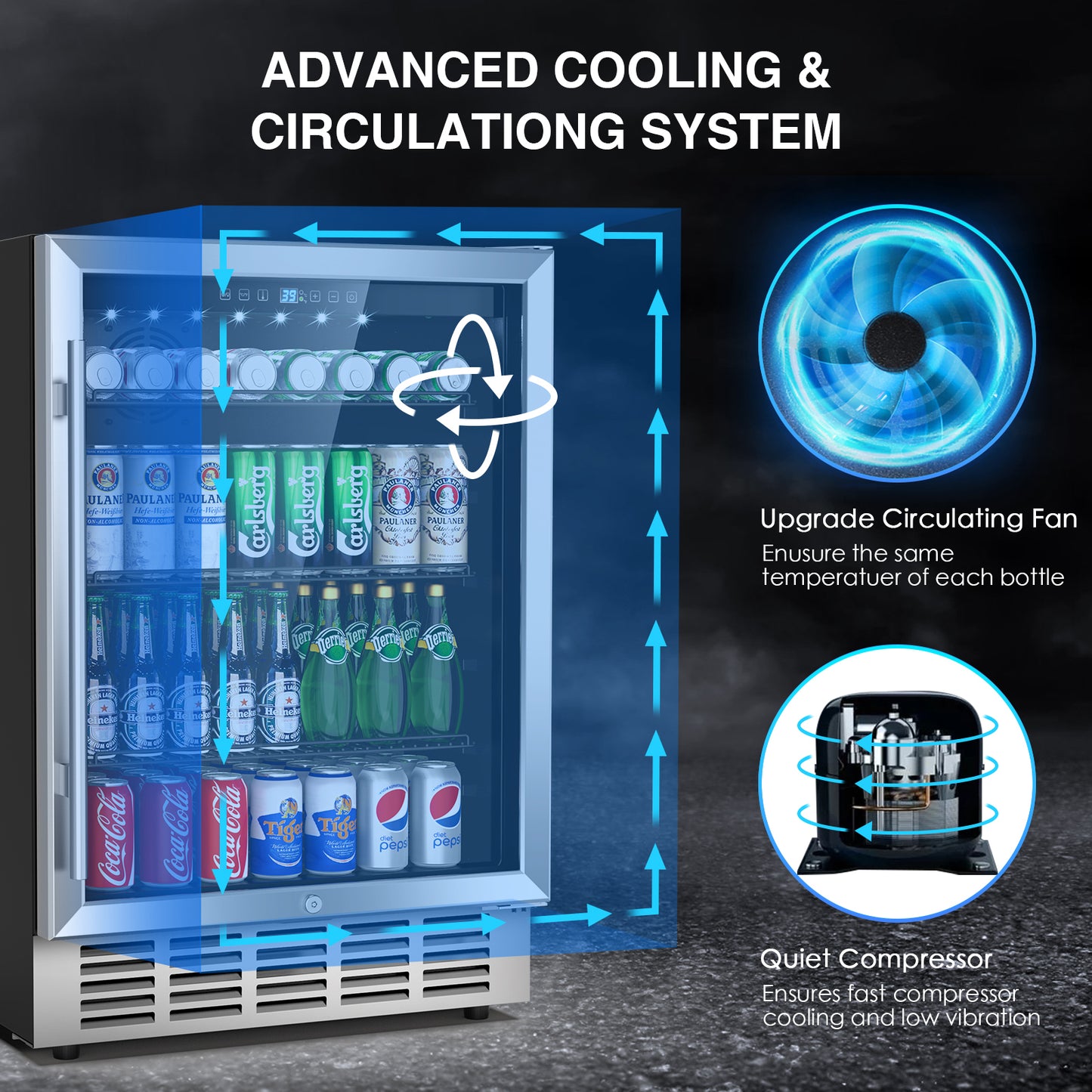 24 inch Beverage Refrigerator, Undercounter Refrigerator Stainless Small Beverage Cooler Fridge with Digital Display for 190 Cans, Suit for Outdoor, Home Use and Compact Places