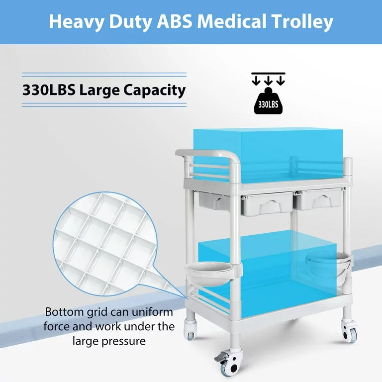 Medical Trolley, Rolling Cart Mobile Trolley Cart with 2 Tier 330 Lbs Capacity, Beauty Salon Rolling with 2 Drawers, Buckets & 360°Rotate Wheels