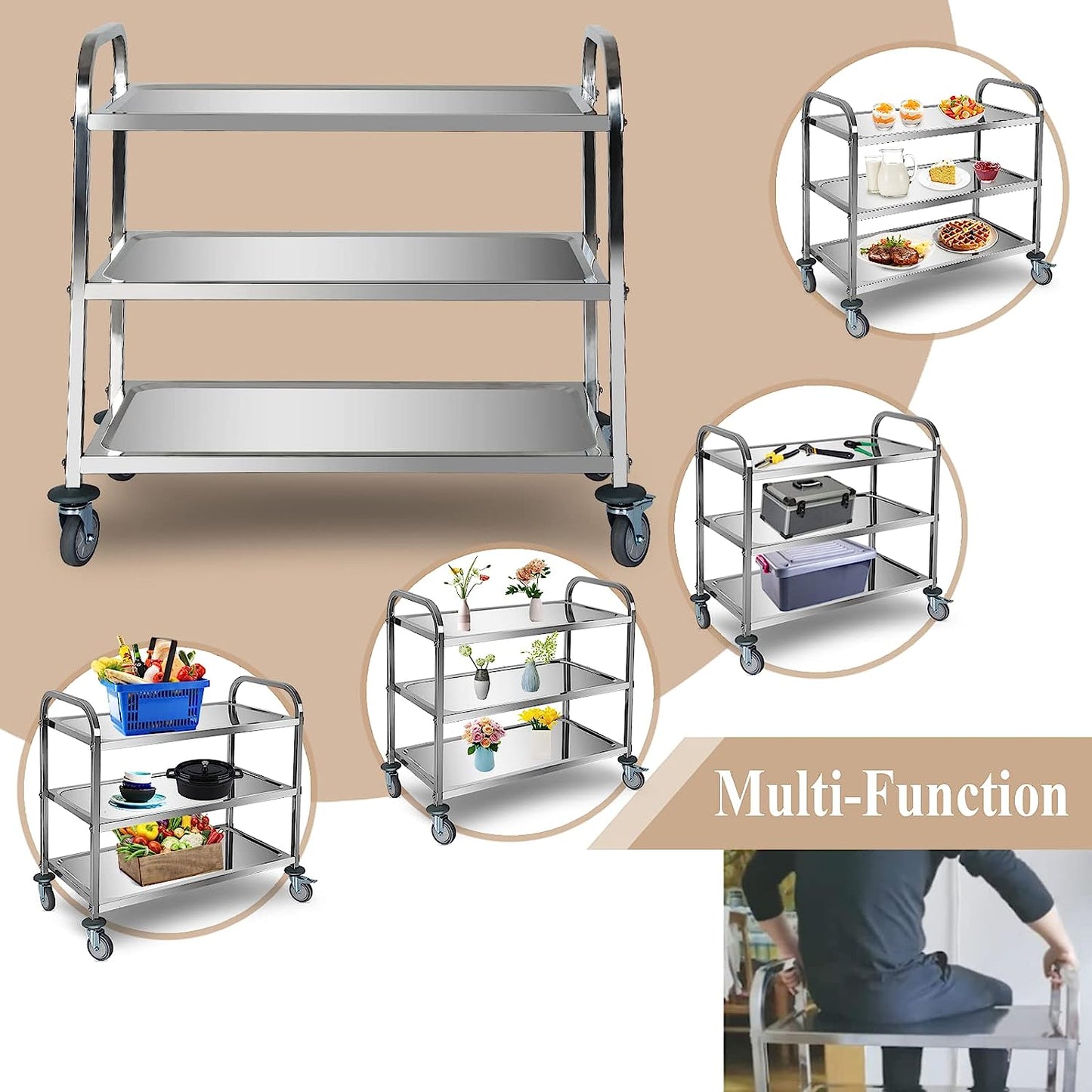 3 Tier Utility Cart with Wheels, Stainless Steel Utility Rolling Cart for Kitchen, 330 Lbs 37Lx20Wx37H Trolley Cart Island Serving Cart for Home Restaurant Hotel