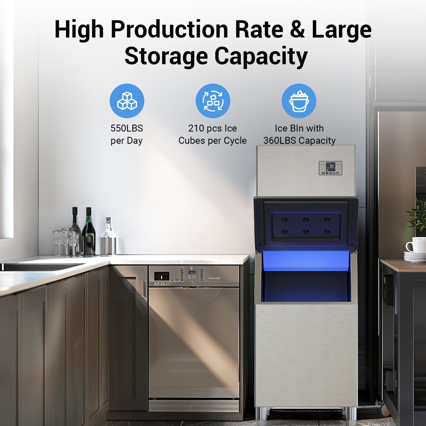 Ecojoy Commercial Ice Maker Machine 550LBS/24H Air-Cooled Ice Machine with Storage Bin