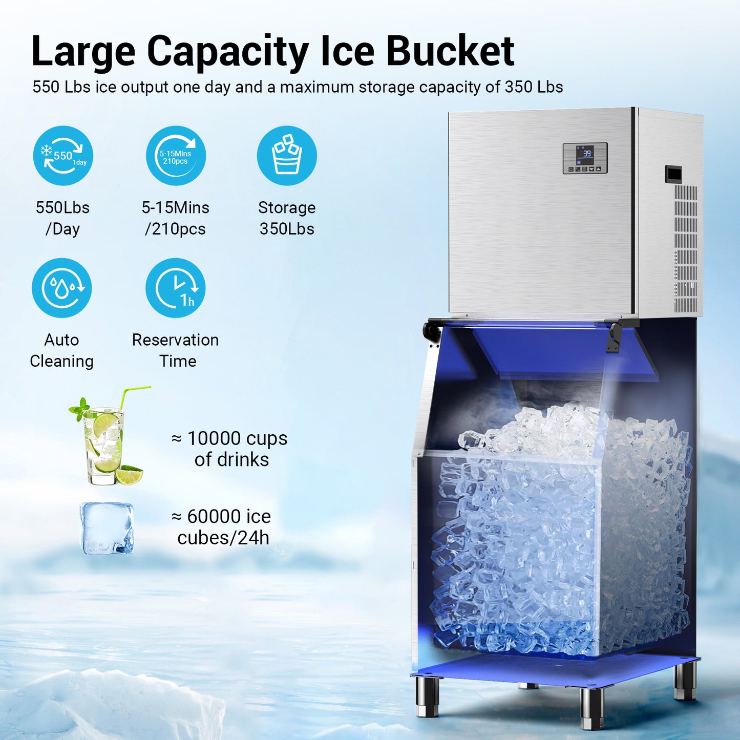 Ecojoy Commercial Ice Maker Machine 550LBS/24H Air-Cooled Ice Machine with Storage Bin