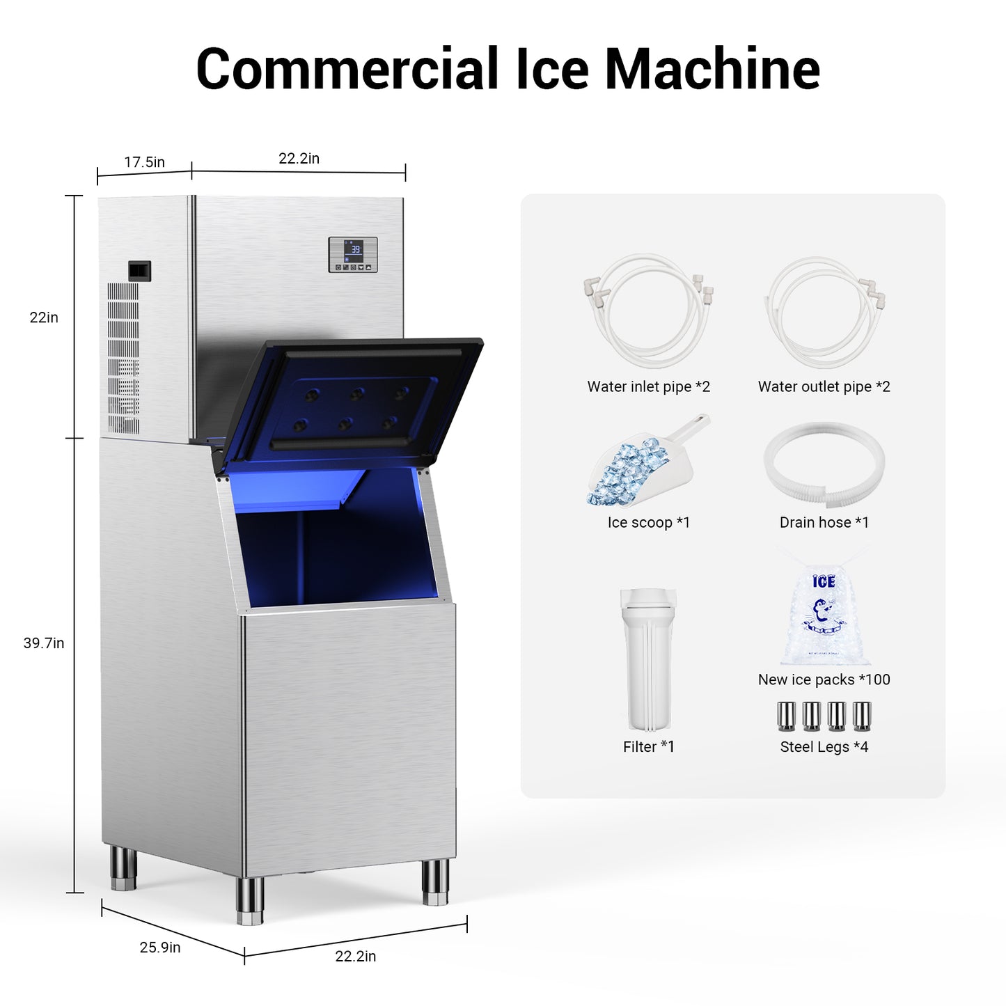 Ecojoy Commercial Ice Maker Machine 550LBS/24H Air-Cooled Ice Machine with Storage Bin