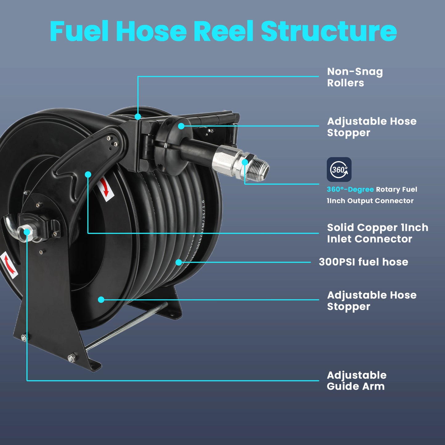 Retractable Fuel Hose Reel with Refueling Nozzle, 300 PSI Industrial Auto Swivel Hose Reel, 1" x 50ft Spring Driven Diesel Heavy Duty Steel Construction Reel for Ship Vehicle Tank Truck