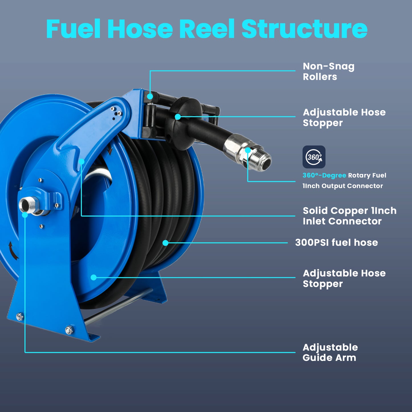 Retractable Fuel Hose Reel with Refueling Nozzle Gun, 1" x 50ft Spring Driven Diesel Hose Reel 300 PSI Industrial Auto Swivel Heavy Duty Steel Construction Reel for Ship Vehicle Tank Truck