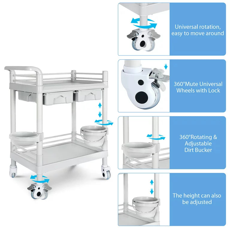 Medical Trolley, Rolling Cart Mobile Trolley Cart with 2 Tier 330 Lbs Capacity, Beauty Salon Rolling with 2 Drawers, Buckets & 360°Rotate Wheels