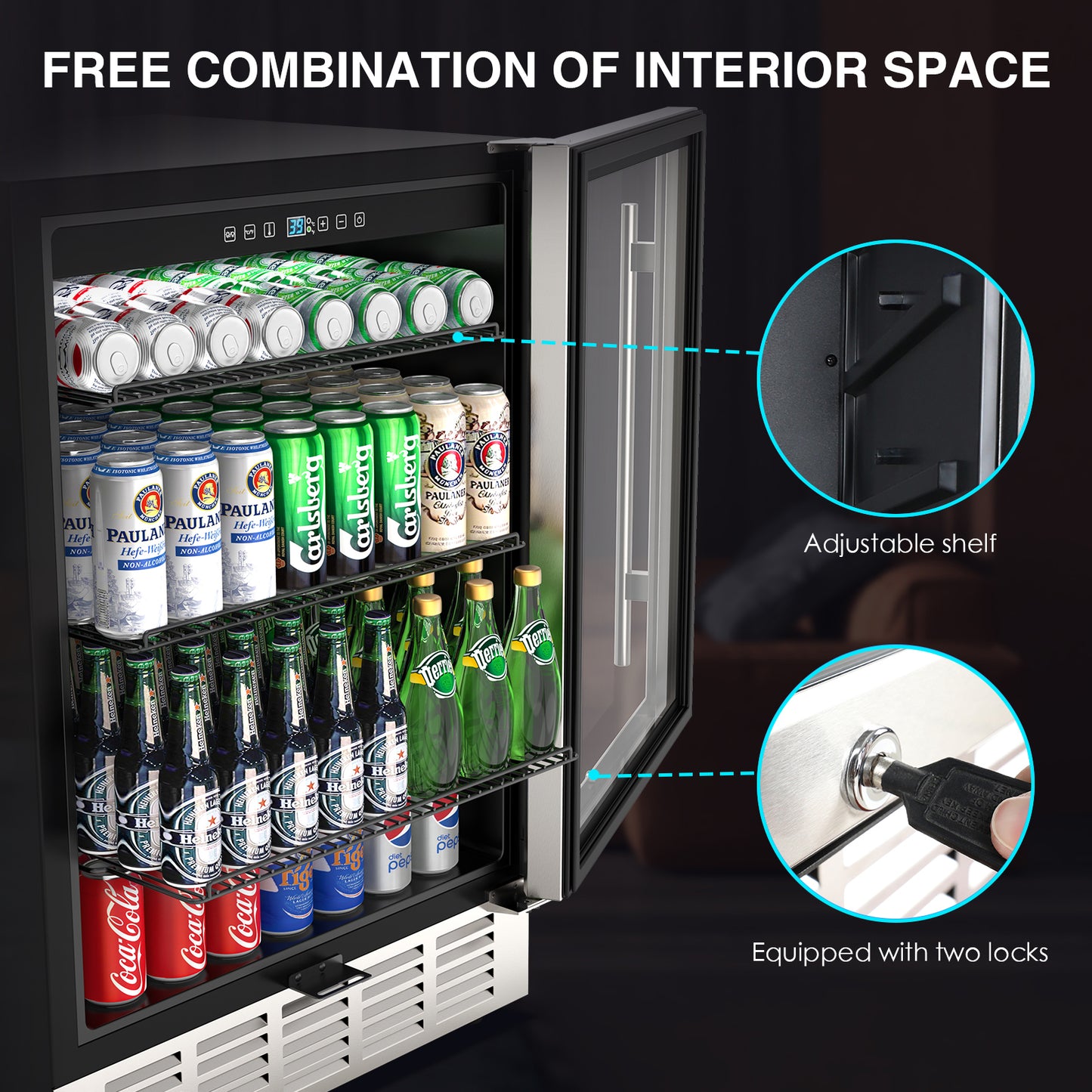 24 inch Beverage Refrigerator, Undercounter Refrigerator Stainless Small Beverage Cooler Fridge with Digital Display for 190 Cans, Suit for Outdoor, Home Use and Compact Places