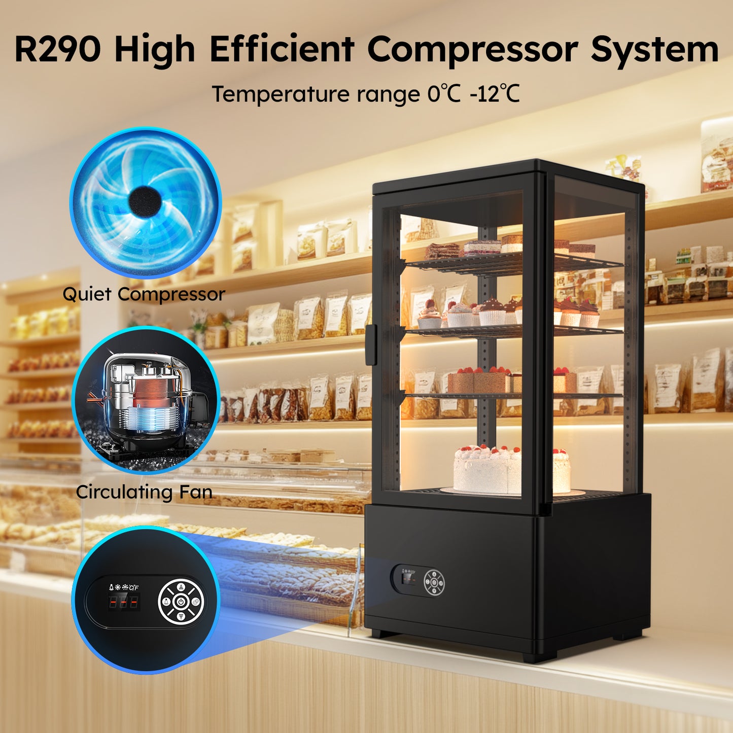 Ecojoy 3Cu. FT (86 L) Commercial Display Cake Refrigerator, Double-Layered Glass Display Cake Fridge with Interior LED Lighting