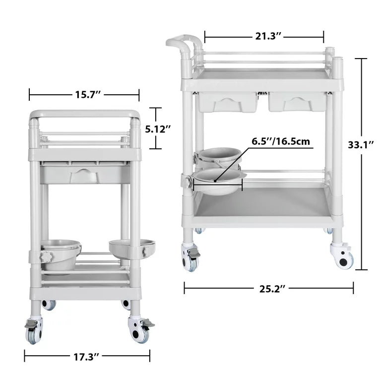 Medical Trolley, Rolling Cart Mobile Trolley Cart with 2 Tier 330 Lbs Capacity, Beauty Salon Rolling with 2 Drawers, Buckets & 360°Rotate Wheels