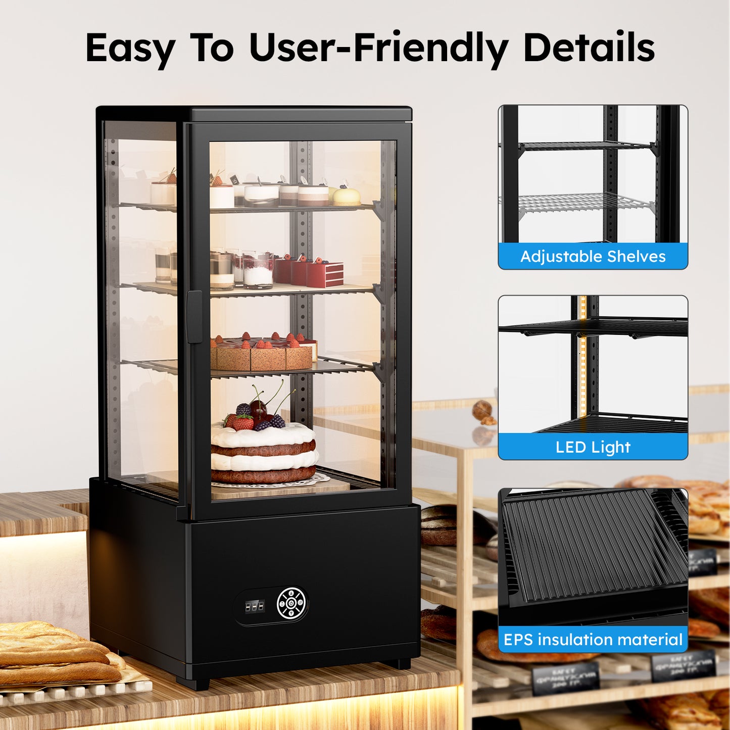 Ecojoy 3Cu. FT (86 L) Commercial Display Cake Refrigerator, Double-Layered Glass Display Cake Fridge with Interior LED Lighting