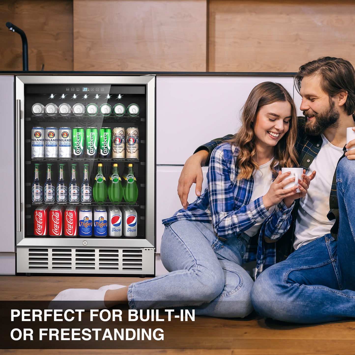 24 inch Beverage Refrigerator, Undercounter Refrigerator Stainless Small Beverage Cooler Fridge with Digital Display for 190 Cans, Suit for Outdoor, Home Use and Compact Places