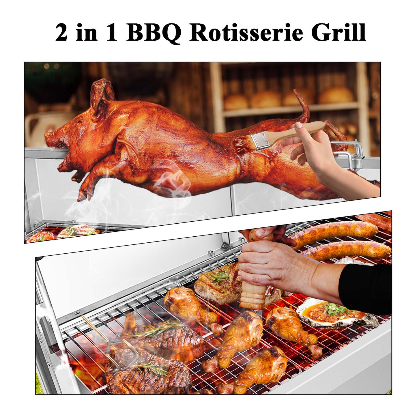 176lbs Charcoal Grill, Stainless Rotisserie Grill Roaster Outdoor BBQ Grill with 25W Motor, Wind Baffle and Hand Crank