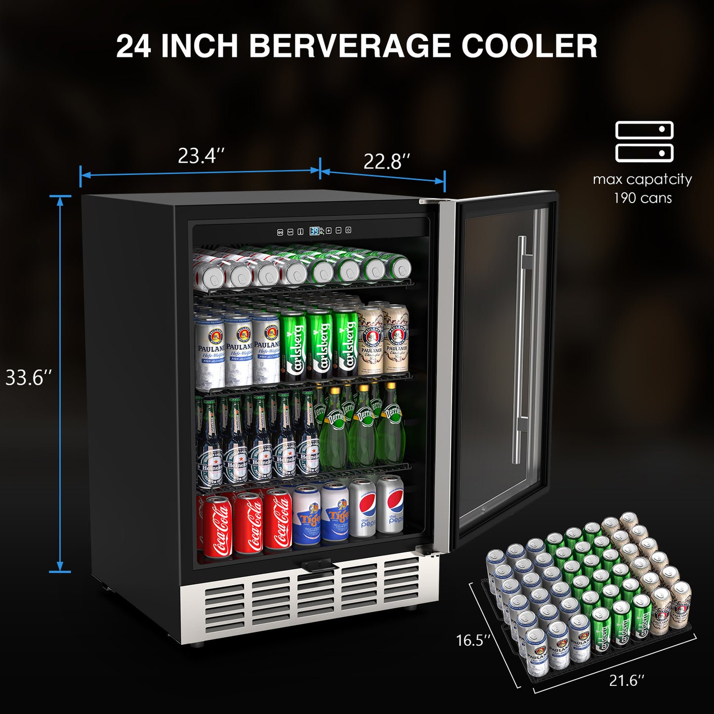 24 inch Beverage Refrigerator, Undercounter Refrigerator Stainless Small Beverage Cooler Fridge with Digital Display for 190 Cans, Suit for Outdoor, Home Use and Compact Places