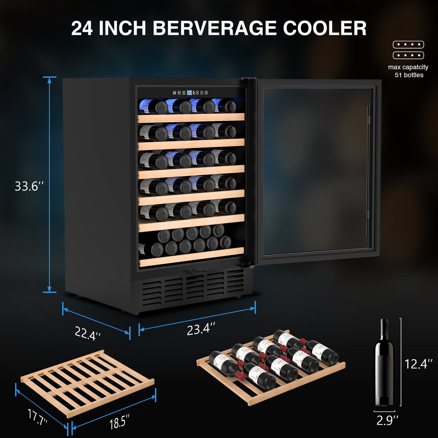 24 inch Wine Cooler Refrigerator, Undercounter Refrigerator Cooler Small Wine Fridge with Single Zone Digital Display for Outdoor, Home Use and Compact Places