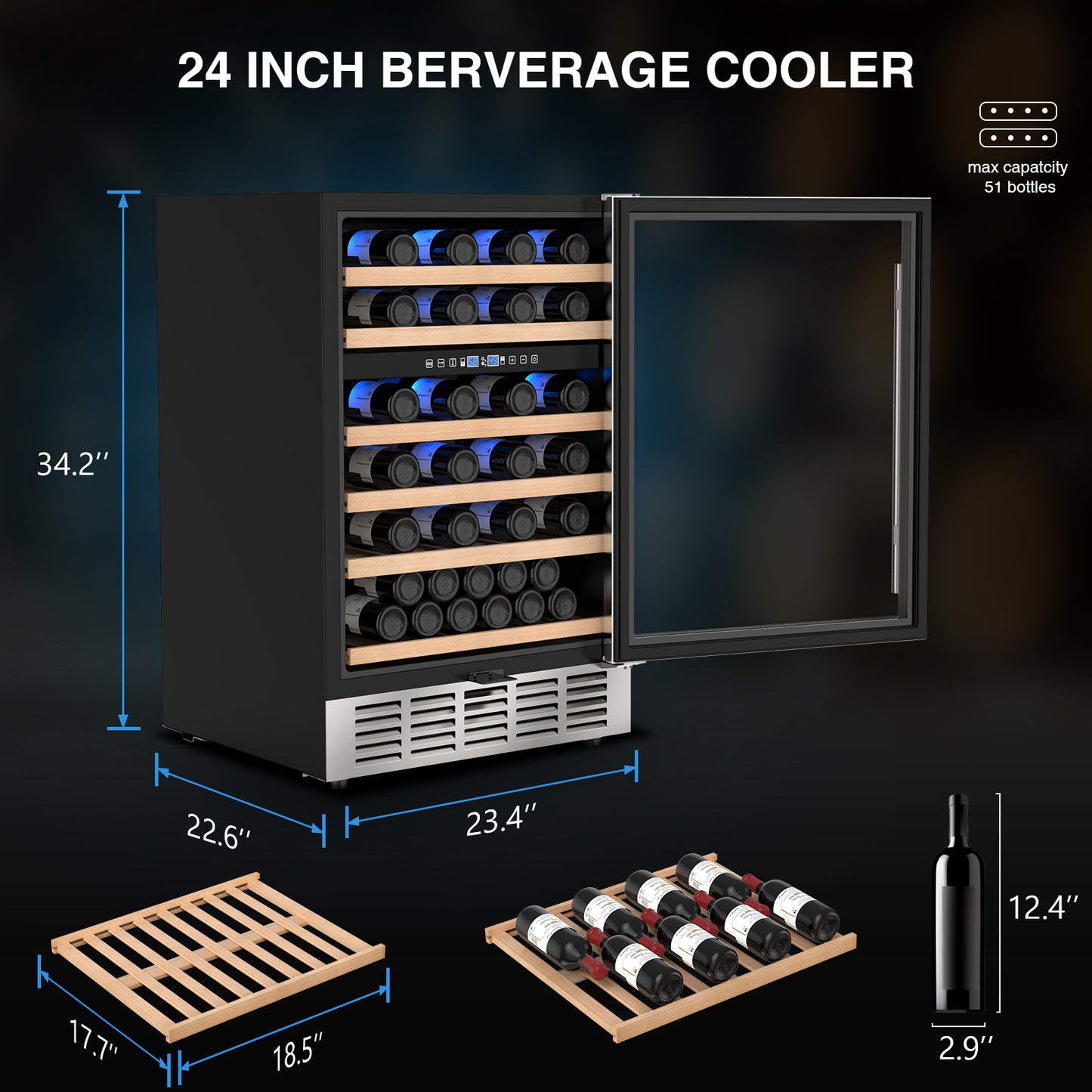 24 inch Wine Cooler Refrigerator, Dual Zone Wine Fridge Undercounter Refrigerator 54 Bottles Wine Cooler Fridge with Digital Display for Outdoor, Home Use and Compact Places