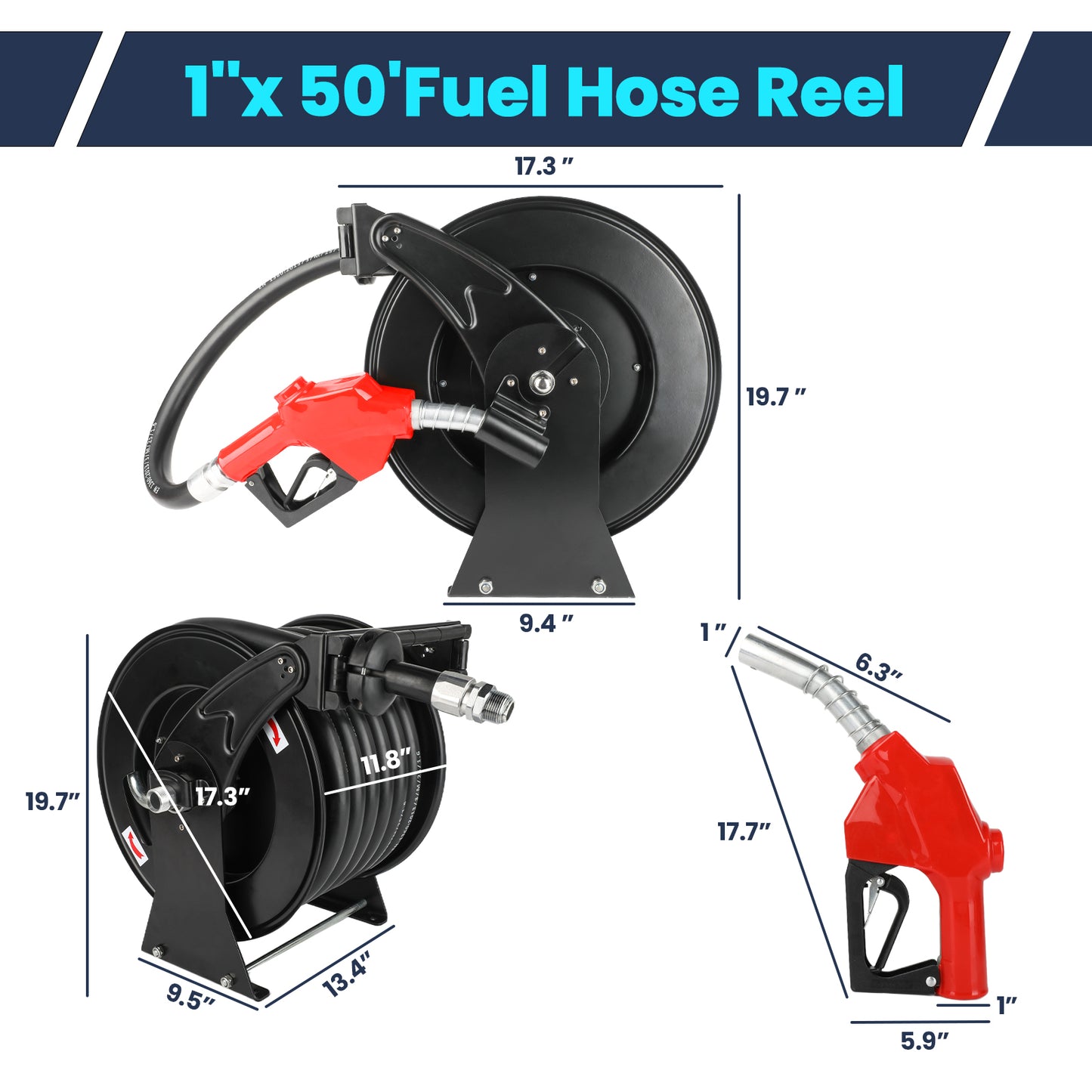 Retractable Fuel Hose Reel with Refueling Nozzle, 300 PSI Industrial Auto Swivel Hose Reel, 1" x 50ft Spring Driven Diesel Heavy Duty Steel Construction Reel for Ship Vehicle Tank Truck