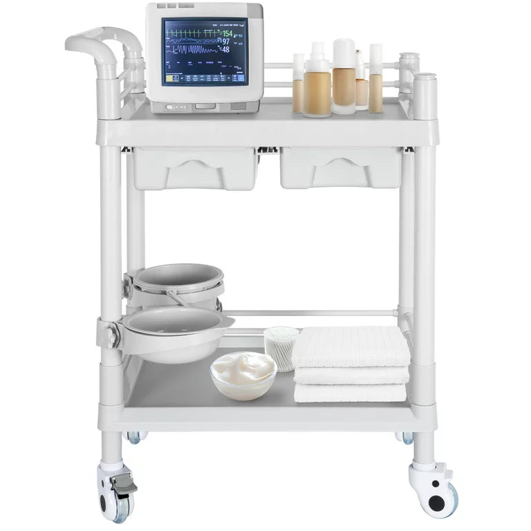 Medical Trolley, Rolling Cart Mobile Trolley Cart with 2 Tier 330 Lbs Capacity, Beauty Salon Rolling with 2 Drawers, Buckets & 360°Rotate Wheels