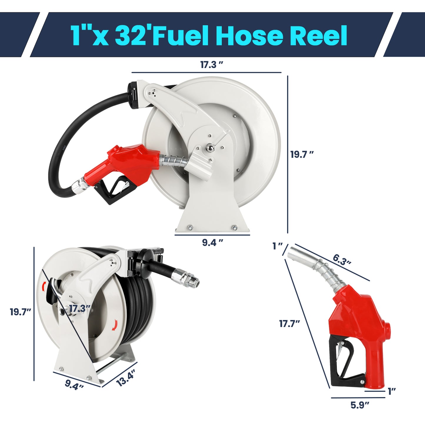 Retractable Fuel Hose Reel with Refueling Nozzle, 1" x 32ft Spring Driven Diesel Hose Reel 300 PSI Industrial Auto Swivel Heavy Duty Steel Construction Reel for Ship Vehicle Tank Truck