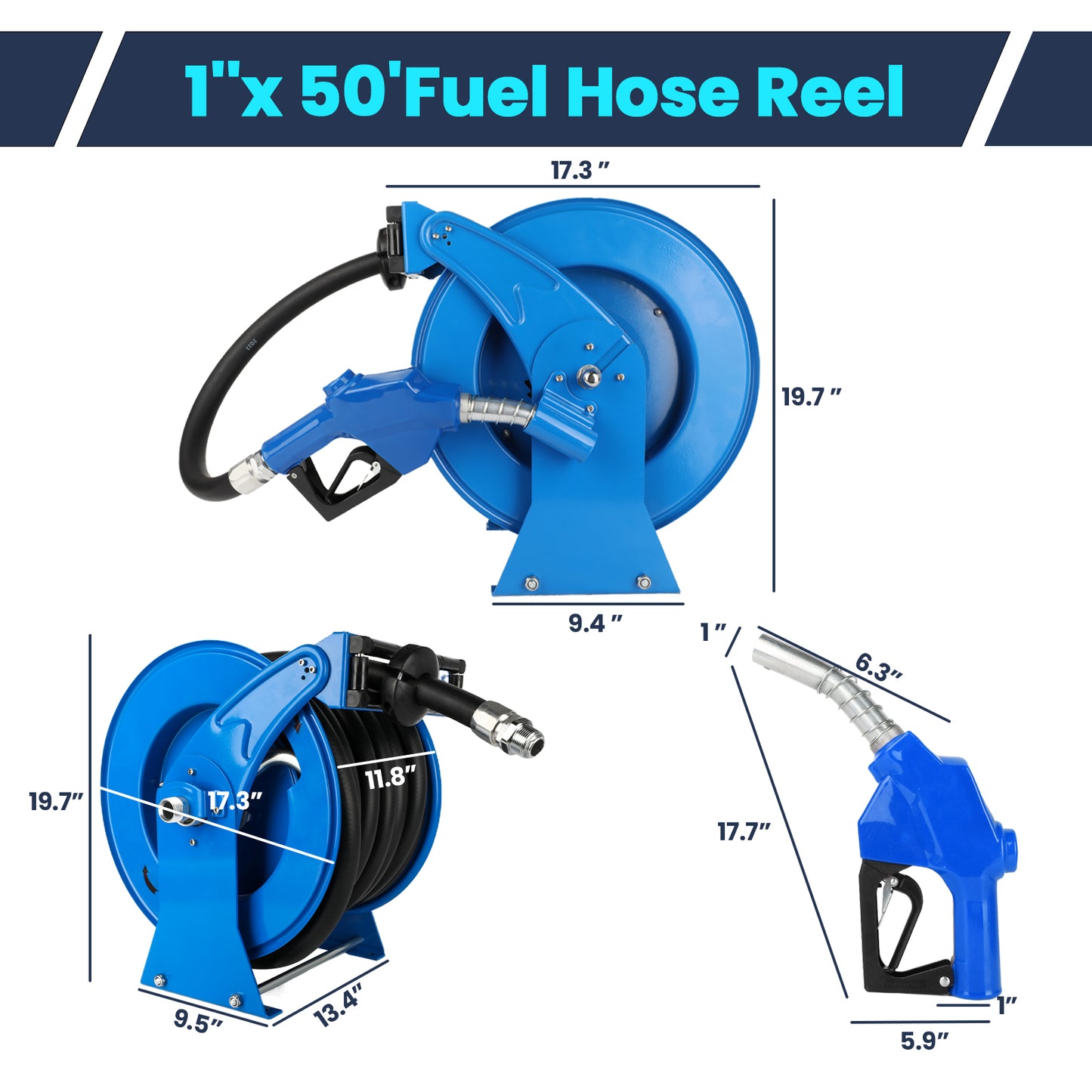 Retractable Fuel Hose Reel with Refueling Nozzle Gun, 1" x 50ft Spring Driven Diesel Hose Reel 300 PSI Industrial Auto Swivel Heavy Duty Steel Construction Reel for Ship Vehicle Tank Truck