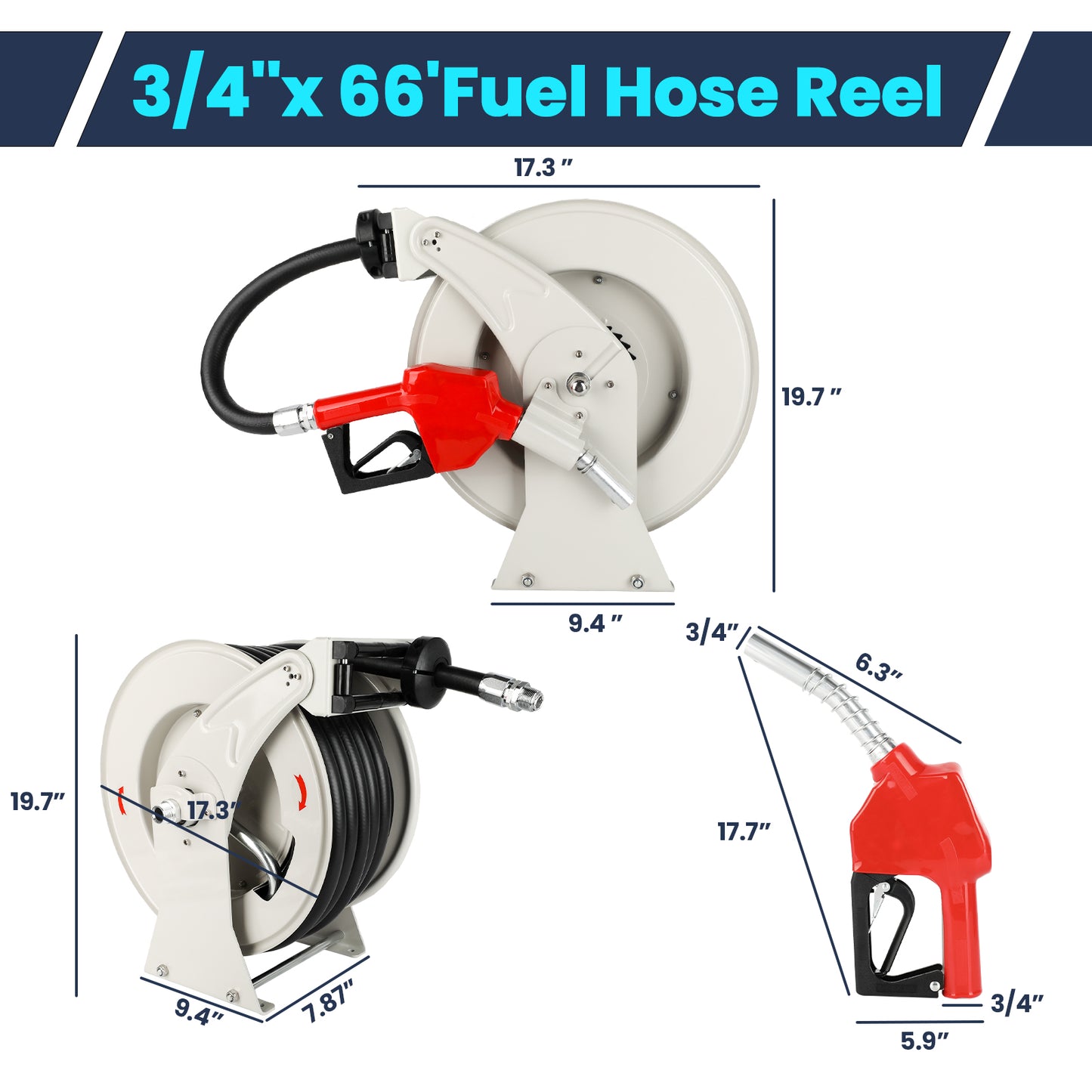 Retractable Fuel Hose Reel with Refueling Nozzle, 3/4" x 66ft Spring Driven Diesel Hose Reel 300 PSI Industrial Auto Swivel Heavy Duty Steel Construction Reel for Ship Vehicle Tank Truck