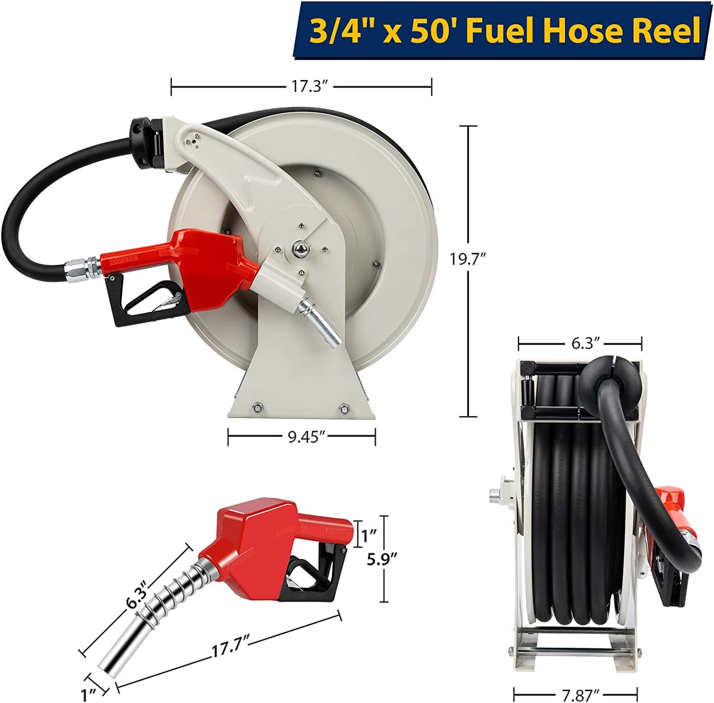 Diesel Fuel Hose Reel Retractable 3/4” x 50’ Premium 300PSI Industrial Hose Reel