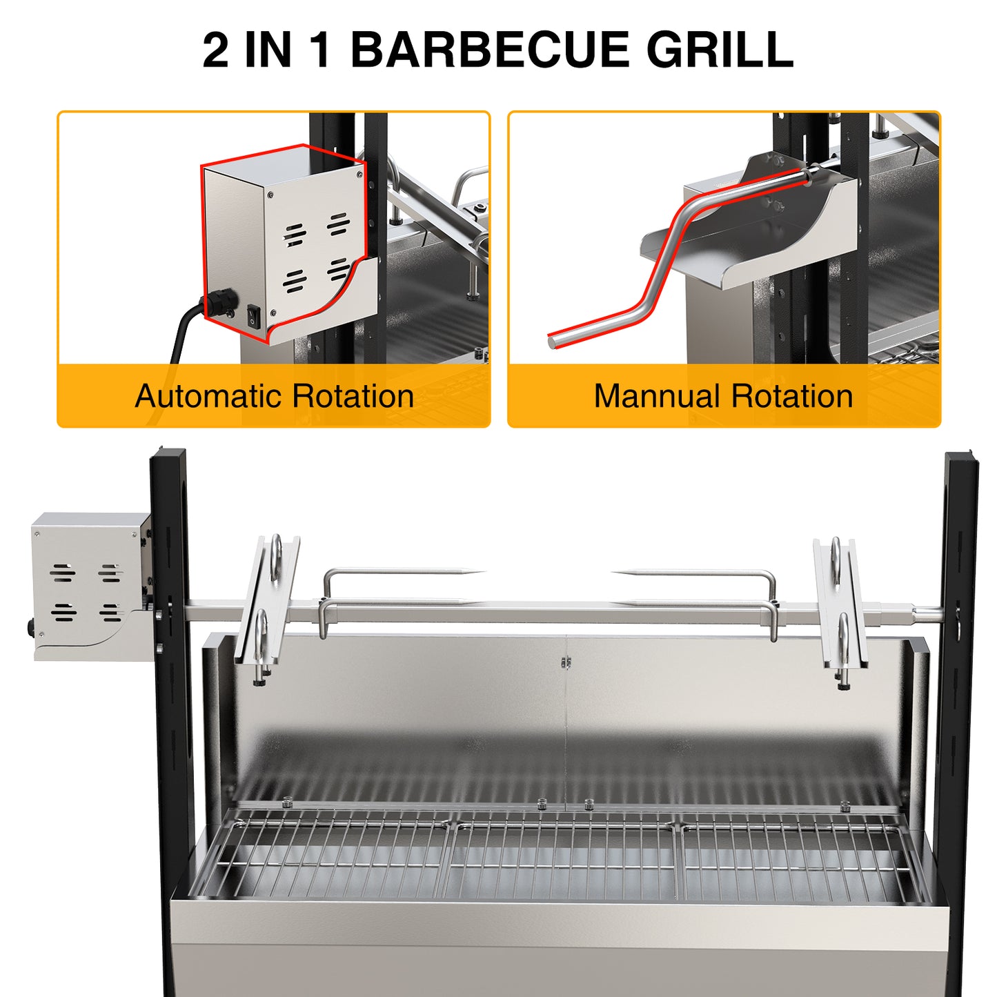 25W Rotisserie Grill Roster w Wheels Electric BBQ Charcoal Grill Stainless Steel