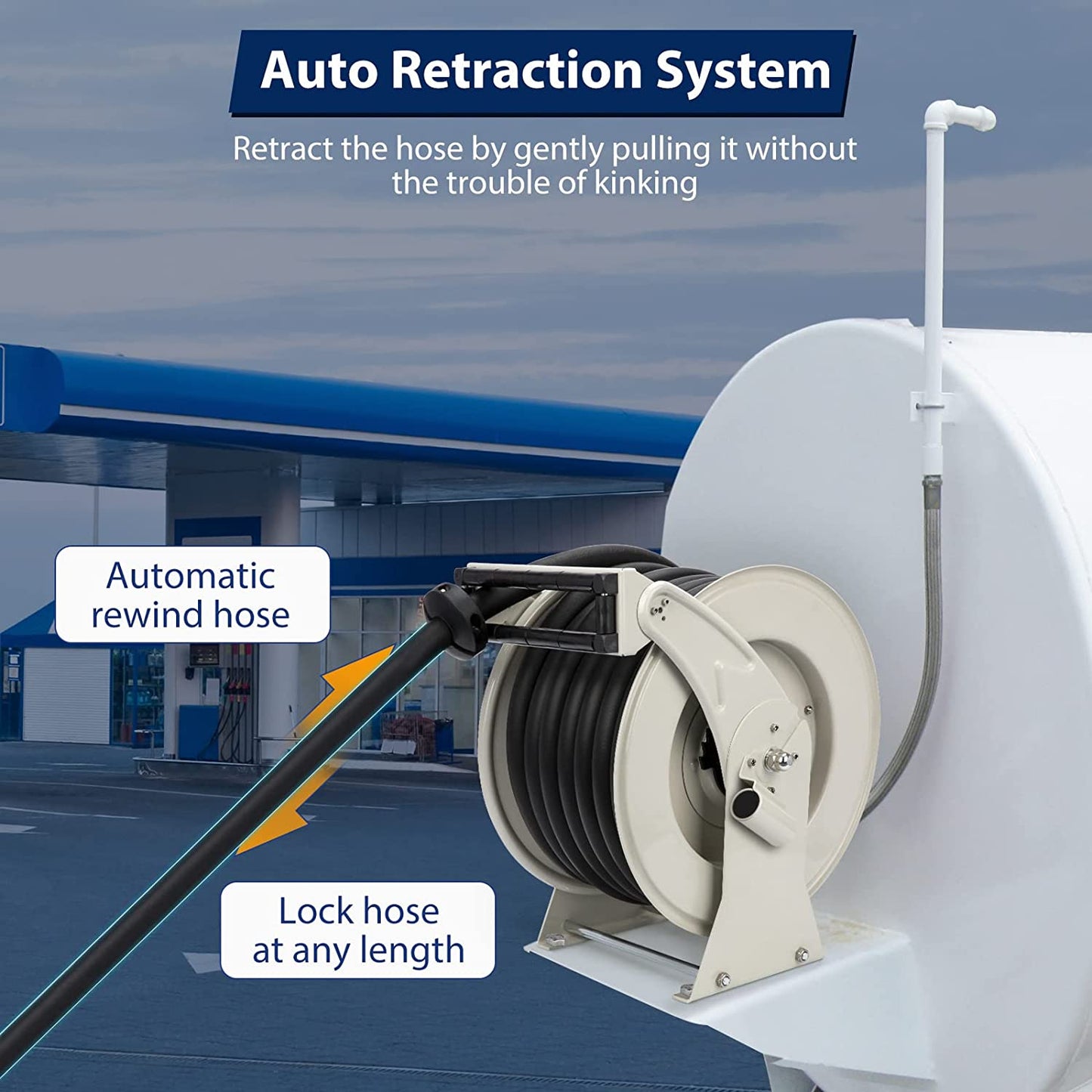 Fuel Hose Reel Retractable 1" x 50' Diesel Hose Reel w/ Automatic Refueling Gun