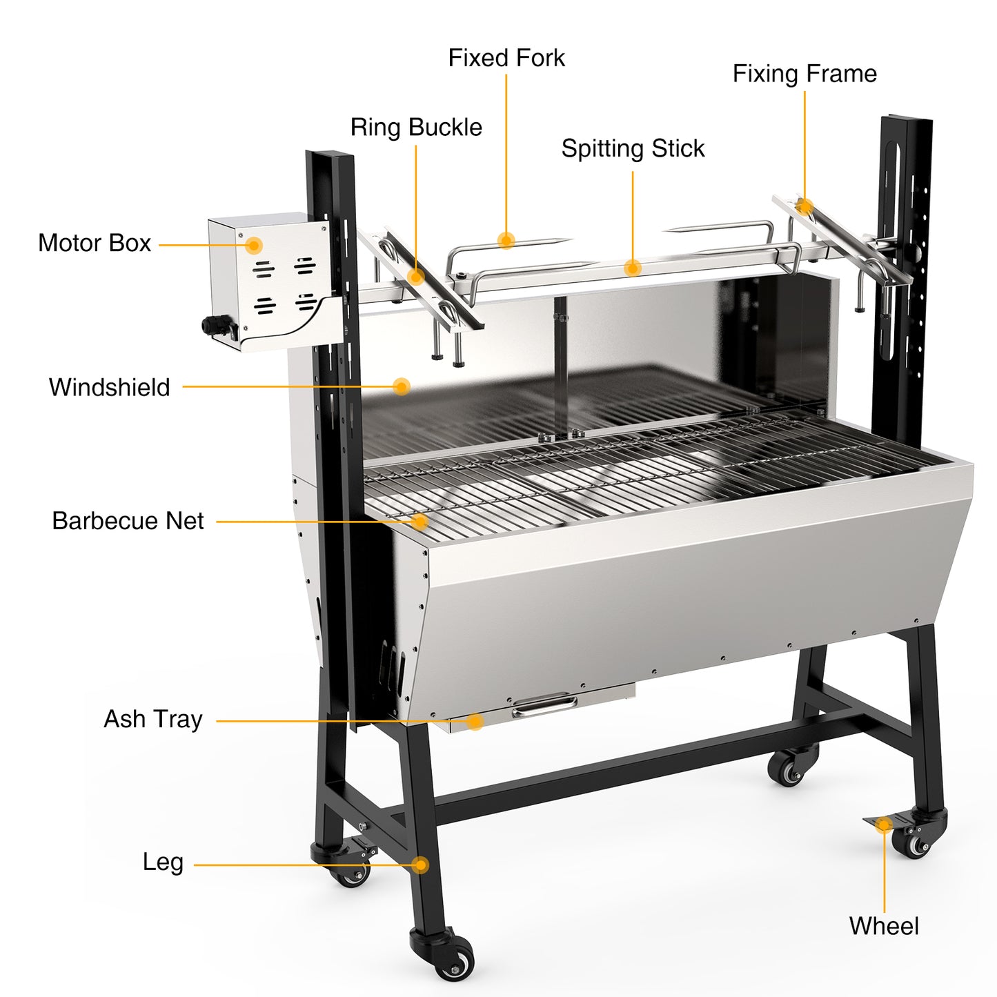 25W Rotisserie Grill Roster w Wheels Electric BBQ Charcoal Grill Stainless Steel