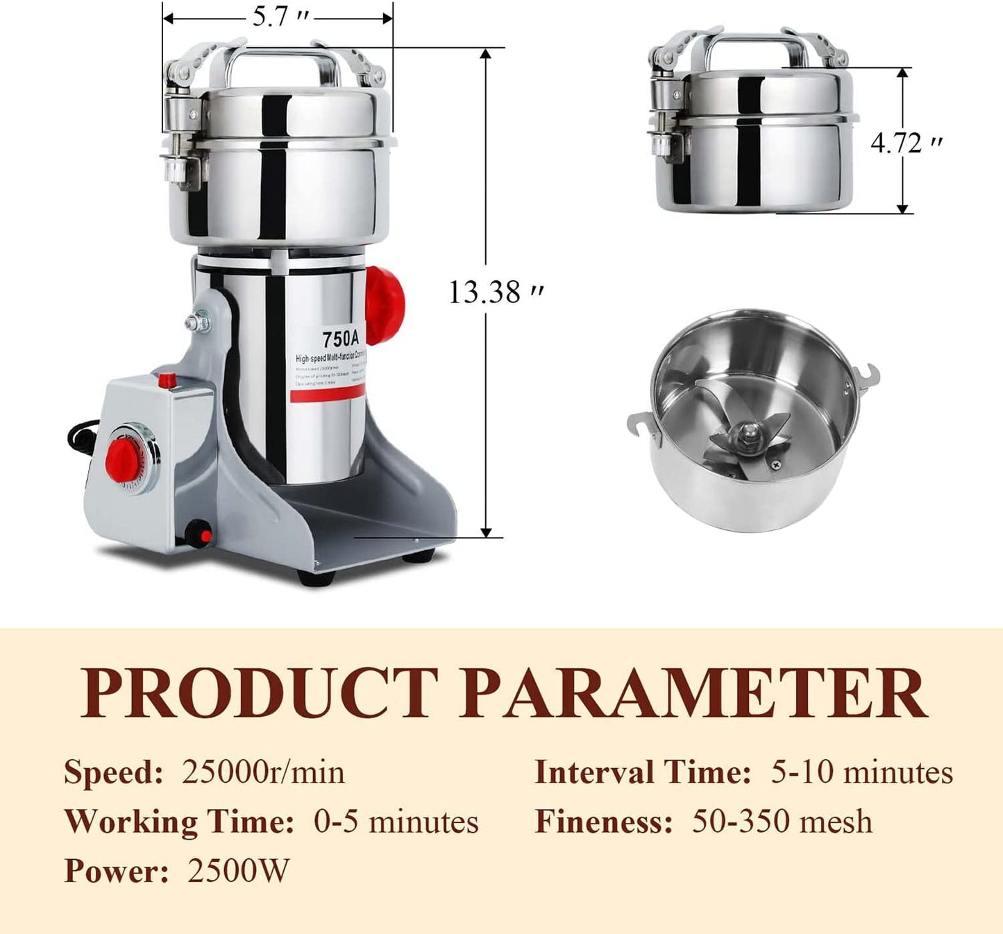 750g Commercial Spice Grinder Electric Grain Mill Grinder 2600W High Speed Pulverizer