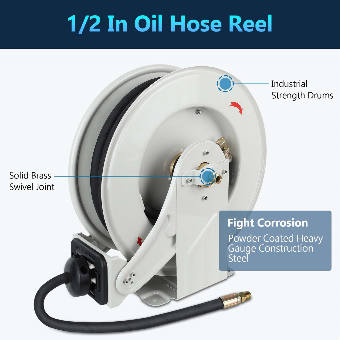 Retractable Oil Hose Reel 1/2" x 50' Heavy Duty Steel Construction Hose Reel