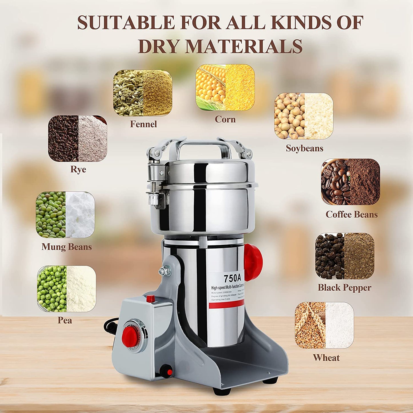 750g Commercial Spice Grinder Electric Grain Mill Grinder 2600W High Speed Pulverizer